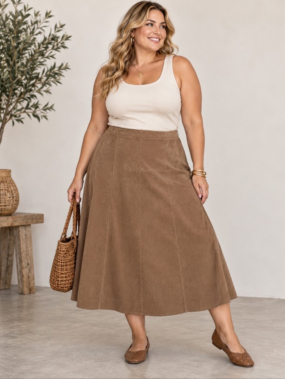 Vintage Penningtons Plus Size 3x: Faux Suede Brown A-Line Midi Skirt